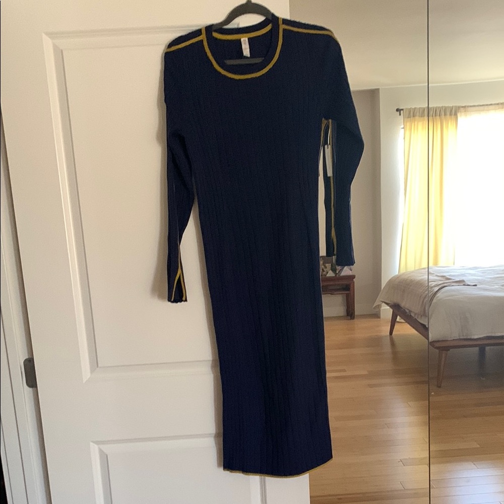 Blue and Gold Long Sleeve Sheath Dress for Work